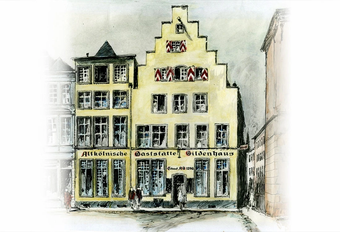 Eine farbige Zeichnung zeigt ein historisches Gebäude mit dem Namen "Gildenhaus" in einer Straßenszene.